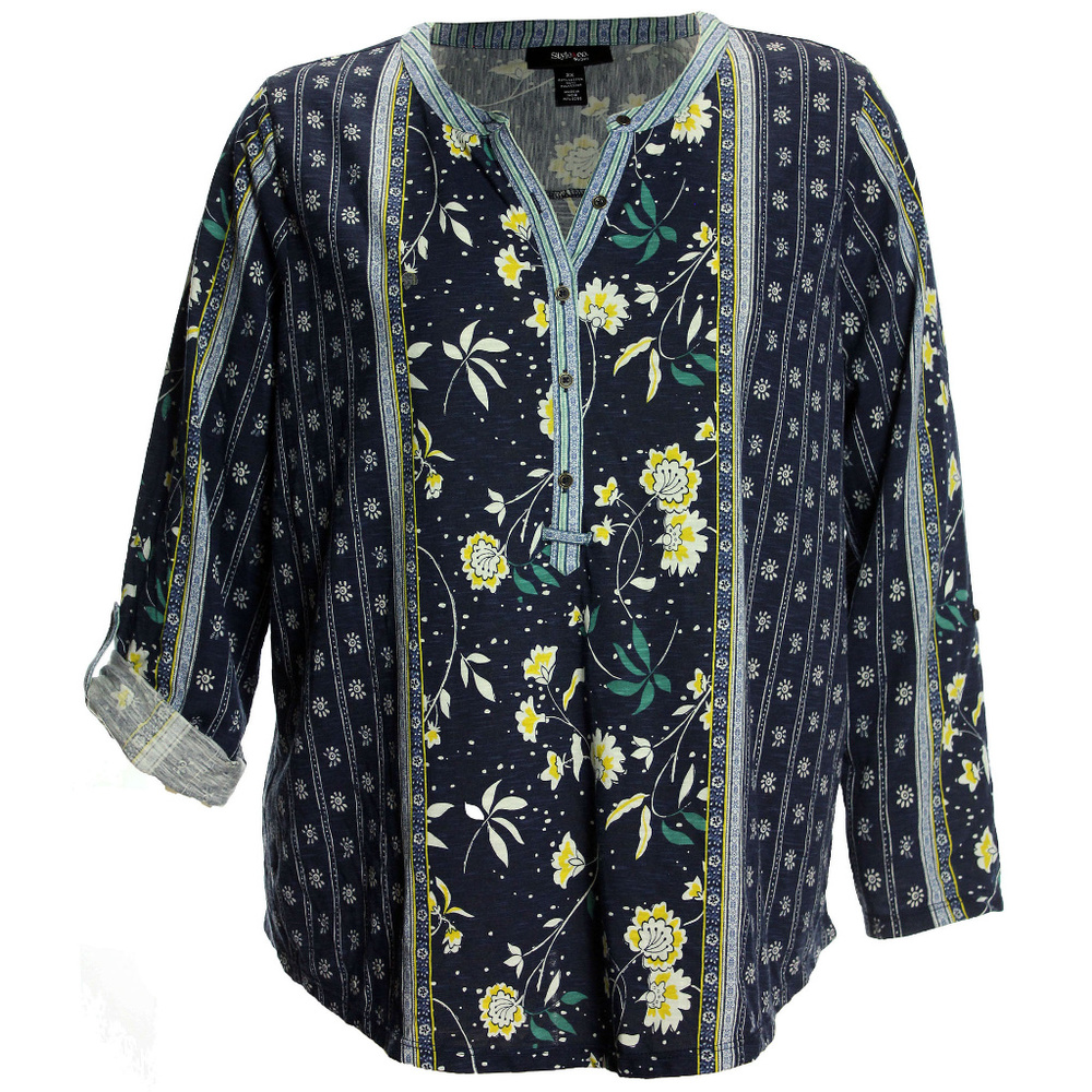 Multi Color Floral Print 3/4 Sleeve Shirt Plus